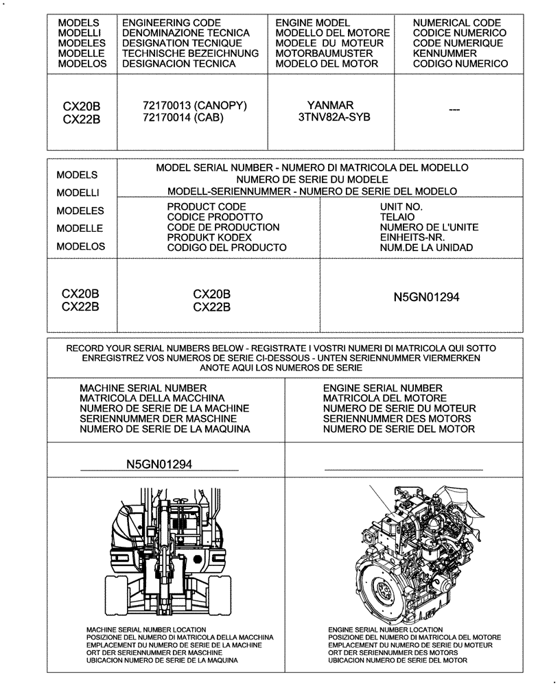 Схема запчастей Case CX20B - (0 - VERSION[00]) - IDENTIFICATION AND VERSION LIST (05) - SERVICE & MAINTENANCE