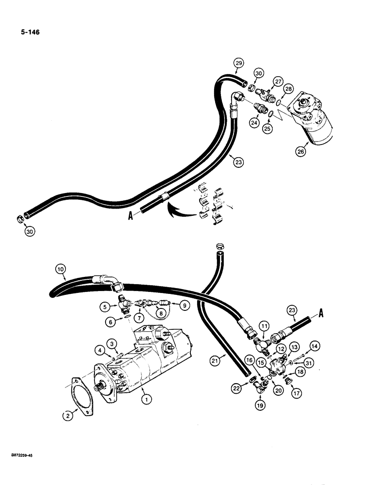 Схема запчастей Case W36 - (5-146) - STEERING HYDRAULIC CIRCUIT - PUMP TO RESERVOIR, MODELS WITHOUT AUXILIARY STEERING (05) - STEERING