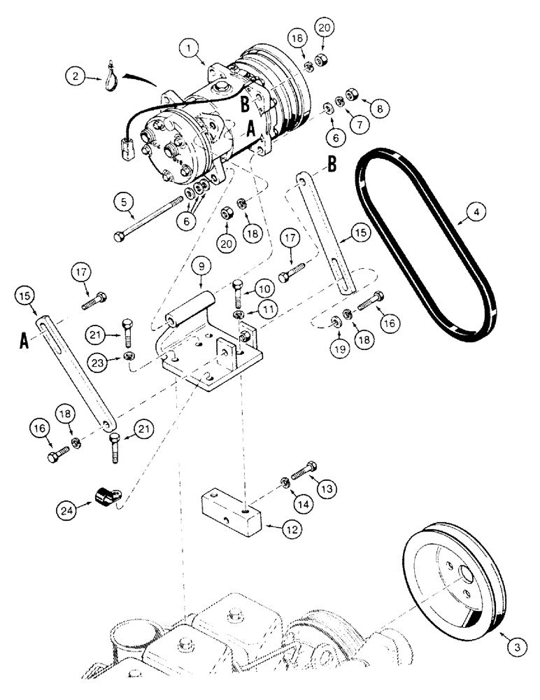 Схема запчастей Case 580SK - (9-224) - AIR CONDITIONING COMPRESSOR MOUNTING (09) - CHASSIS/ATTACHMENTS