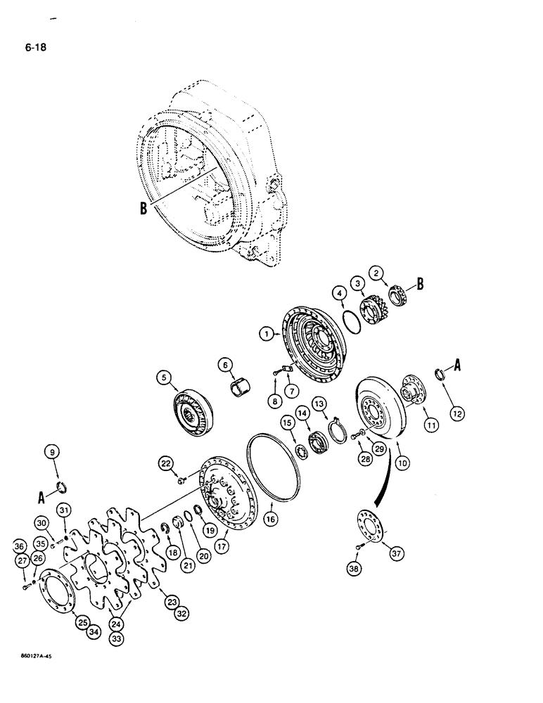Схема запчастей Case W14B - (6-18) - TRANSMISSION, IMPELLER, TURBINE, AND FLEXPLATE (06) - POWER TRAIN