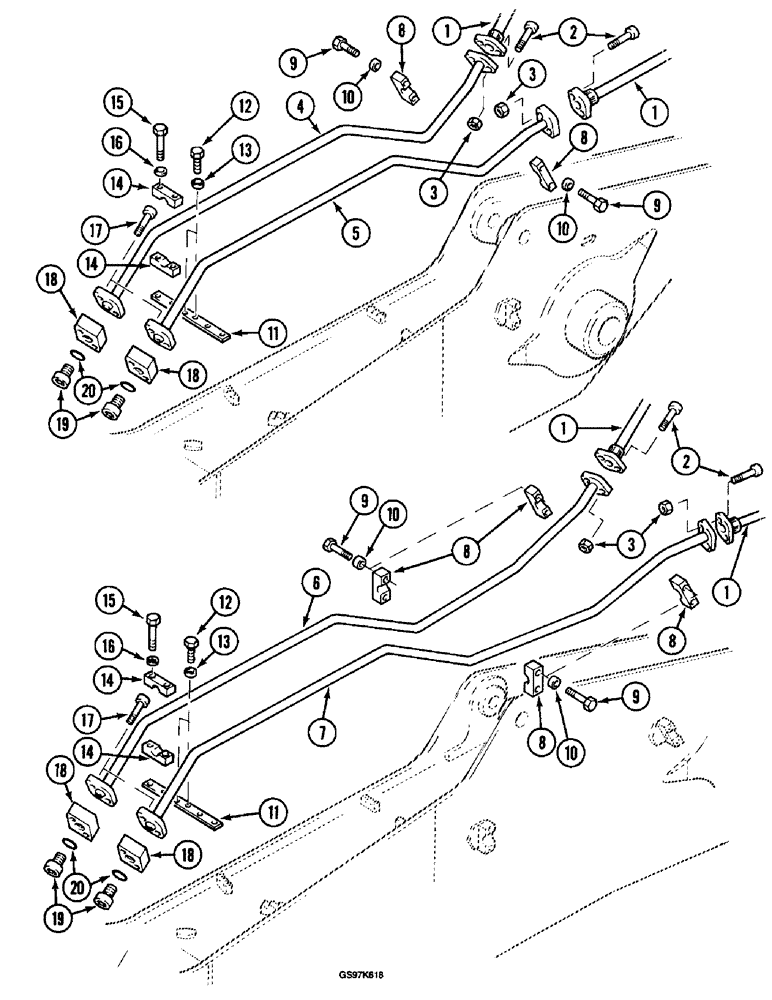 Схема запчастей Case 220B - (8-114) - HYDRAULIC CIRCUIT FOR OPTIONS, TUBES AT ARM, P.I.N. 74441 THRU 74597, P.I.N. 03201 AND AFTER (08) - HYDRAULICS