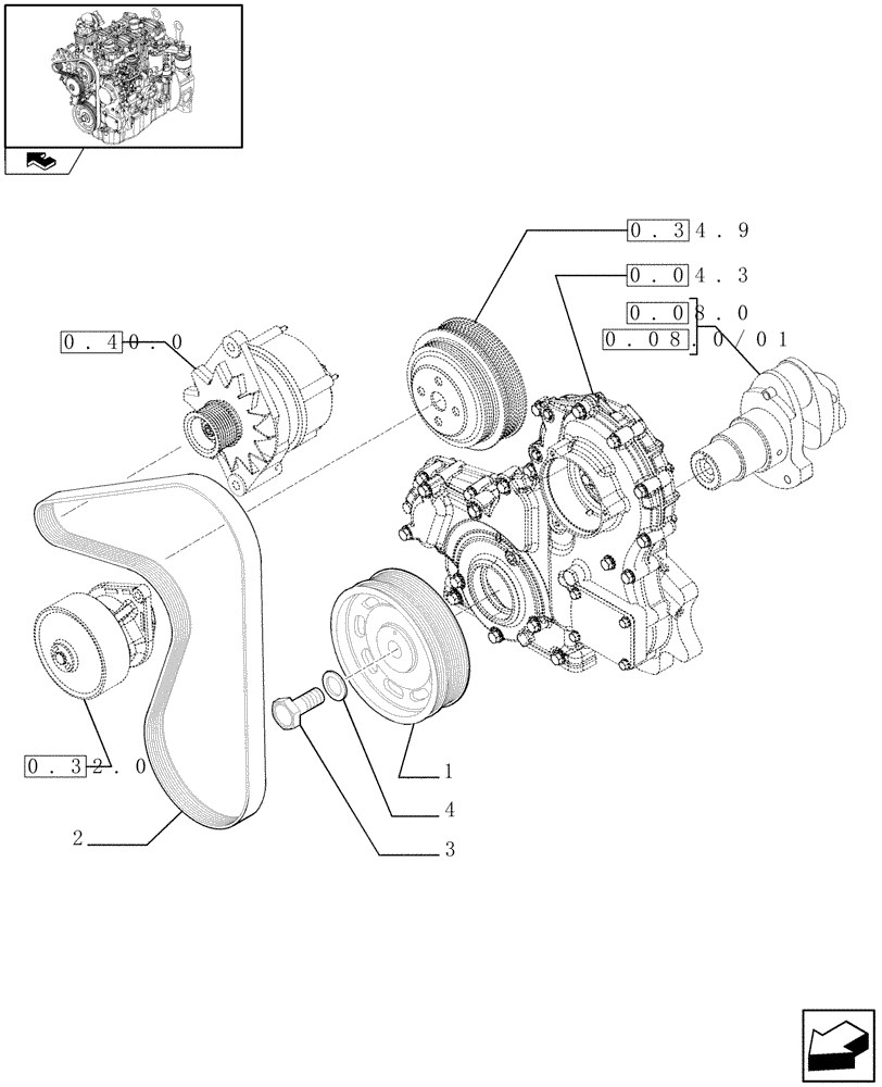Схема запчастей Case 321E - (0.08.4) - PULLEY - CRANKSHAFT (01) - ENGINE