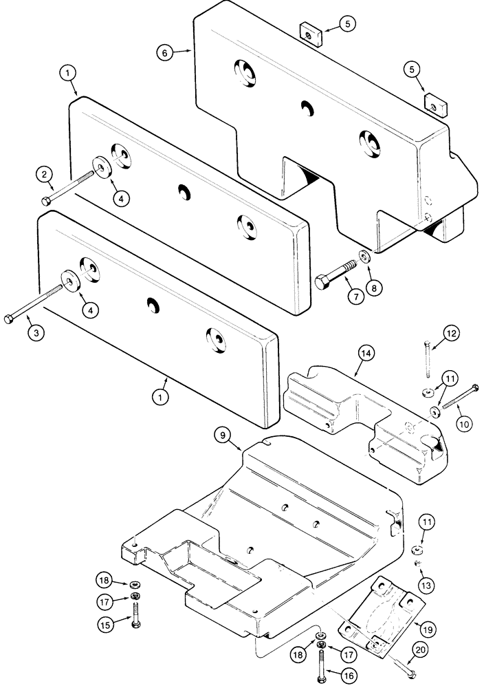 Схема запчастей Case 855E - (9-020) - COUNTERWEIGHTS, REAR COUNTERWEIGHTS, MUST BE USED ON LOADER MODELS WITH NO REAR MOUNTED EQUIPMENT (09) - CHASSIS/ATTACHMENTS