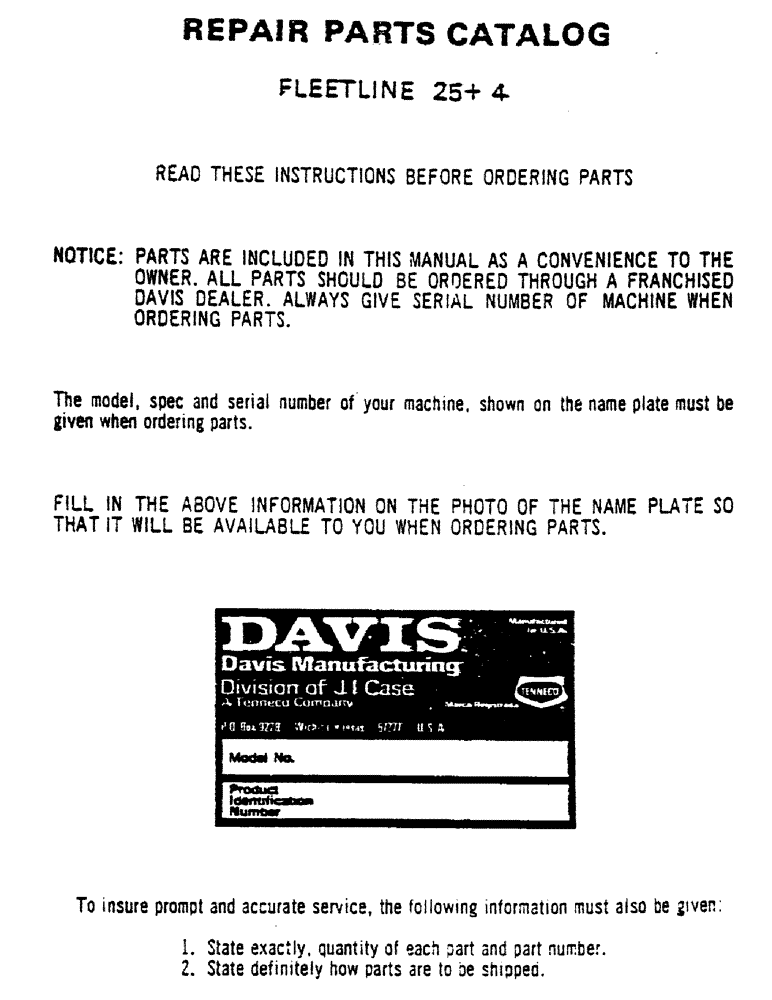 Схема запчастей Case DAVIS - (01) - READ THESE INSTRUCTIONS BEFORE ORDERING PARTS 