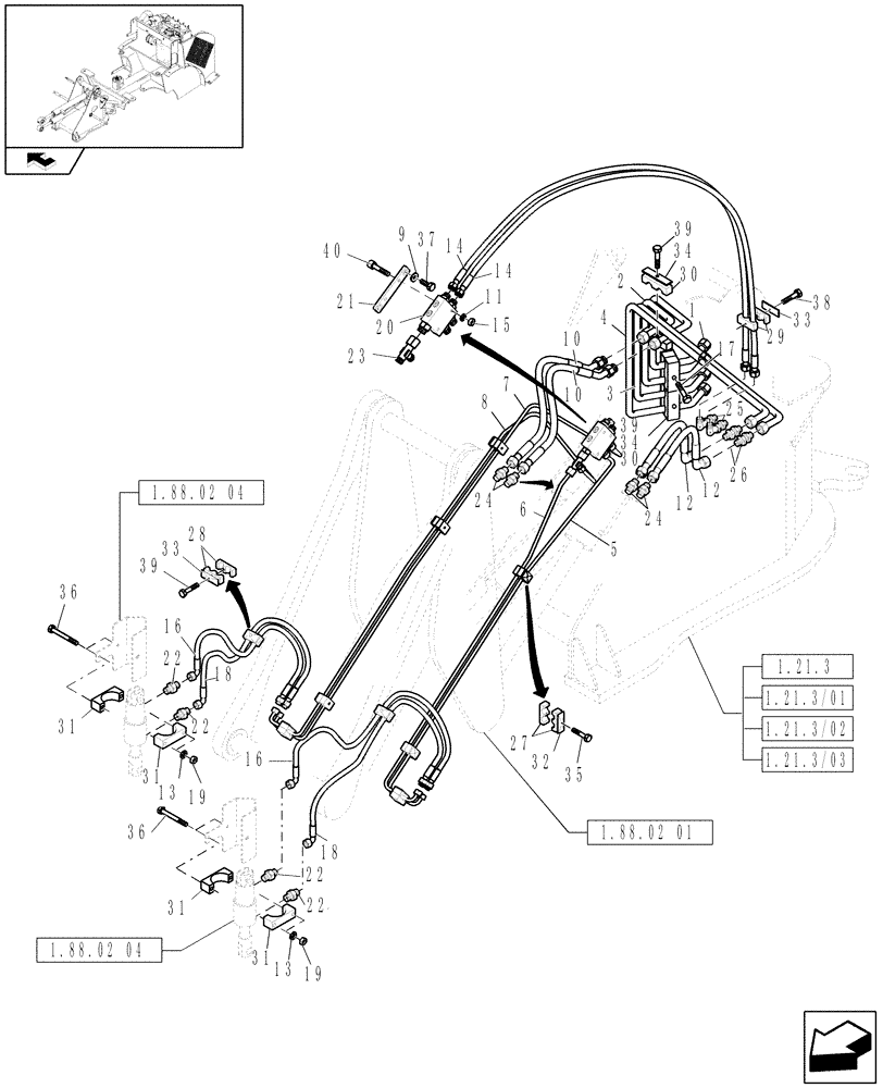 Схема запчастей Case 21E - (1.82.1) - FRONT FRAME HYDRAULIC LINES (07) - HYDRAULIC SYSTEMS
