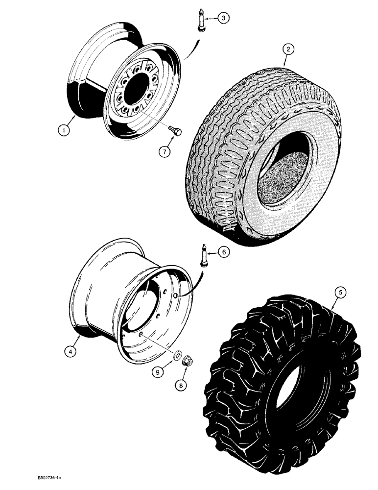 Схема запчастей Case 580SK - (5-20) - FRONT WHEELS AND TIRES, FOR TWO WHEEL OR 4 WHEEL DRIVE MODELS (05) - STEERING