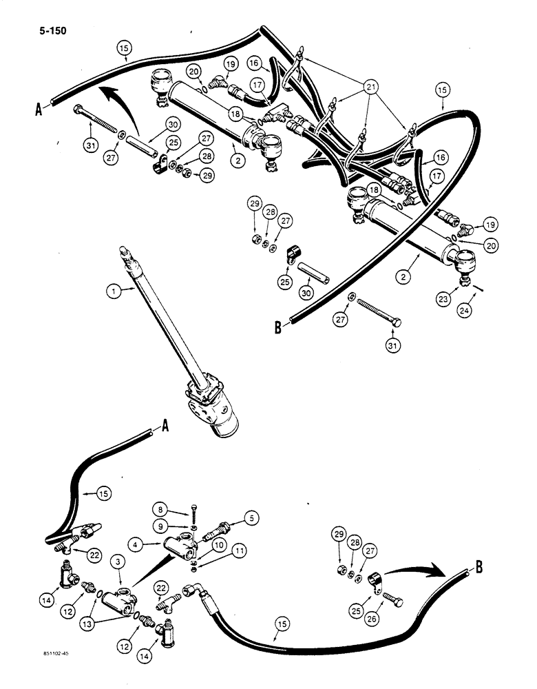 Схема запчастей Case 680K - (5-150) - STEERING HYDRAULIC CIRCUIT, STEERING CONTROL VALVE TO CYL., HOSES MOUNTED IN FRONT OF STEERING CYL. (05) - STEERING