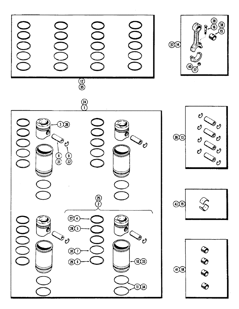 Схема запчастей Case 500 - (020) - PISTON, SLEEVES AND CONNECTING RODS, (188) DIESEL ENGINE, FIRST USED ENGINE SER. NO. 2610997 (01) - ENGINE