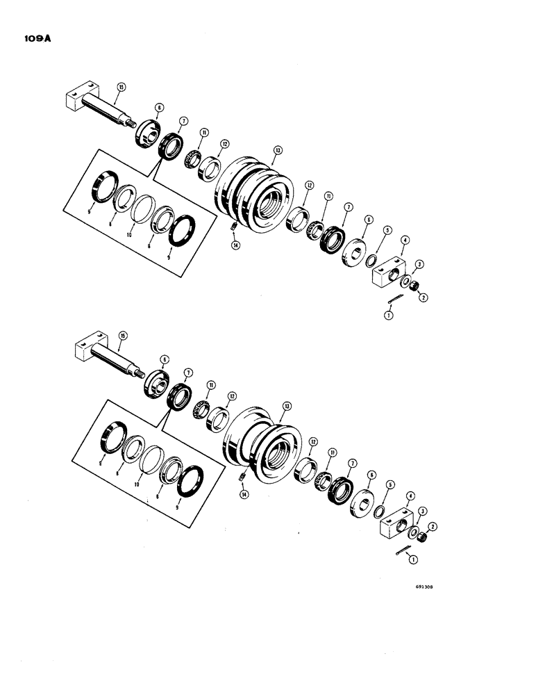 Схема запчастей Case 850 - (109A) - D36466 & D36356 TRACK ROLLER, (USED BEFORE TRAC. S/N 7073117) D36466 TRACK ROLLER (DOUBLE FLANGE) (04) - UNDERCARRIAGE