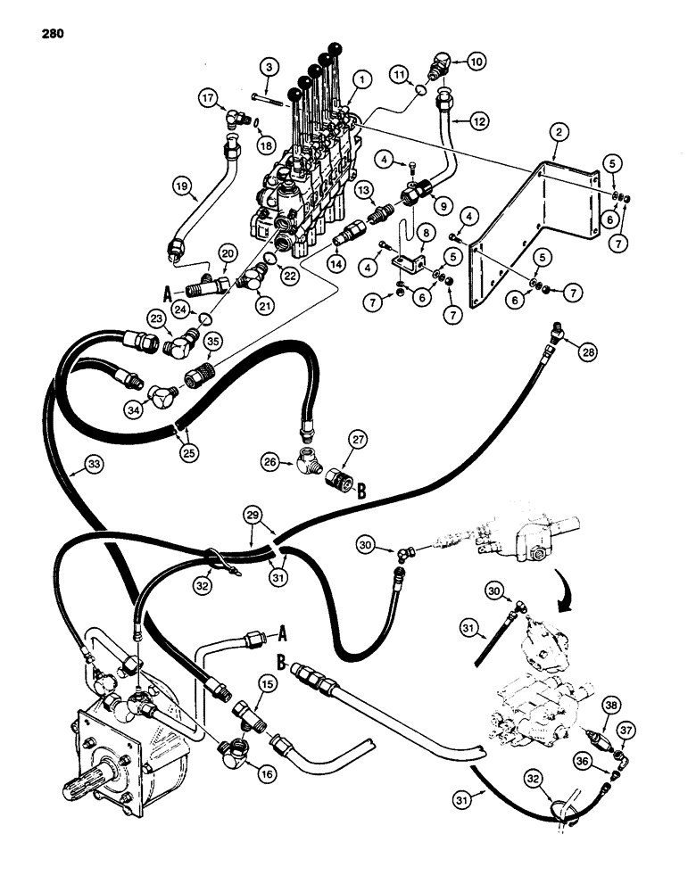 Схема запчастей Case 480LL - (280) - PTO HYDRAULIC CIRCUIT AND CONTROL (35) - HYDRAULIC SYSTEMS