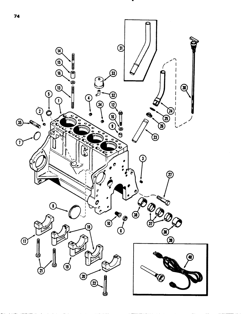 Схема запчастей Case 1845S - (074) - CYLINDER BLOCK, (188) DIESEL ENGINE, PRIOR TO ENGINE SERIAL NO. 2836084, BLOCK HEATER (10) - ENGINE