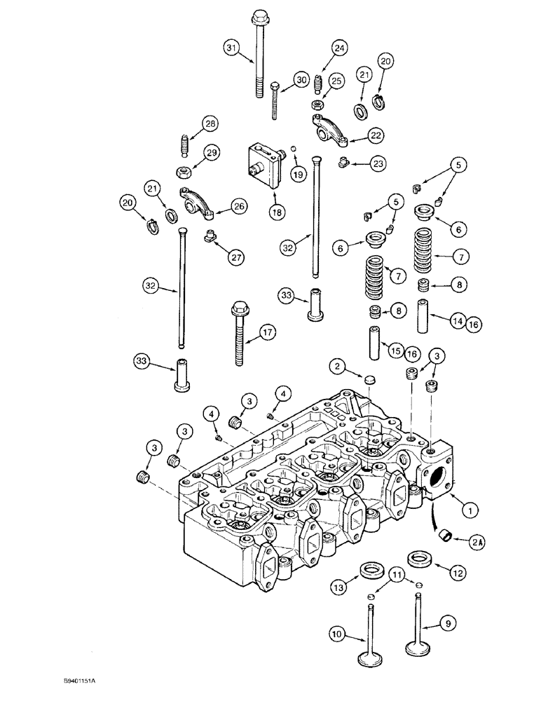 Схема запчастей Case 480F LL - (2-28) - CYLINDER HEAD AND VALVE MECHANISM, 4-390 ENGINE, FOR FUEL INJECTION NOZZLES WITH 9 MM DIAMETER TIP (02) - ENGINE