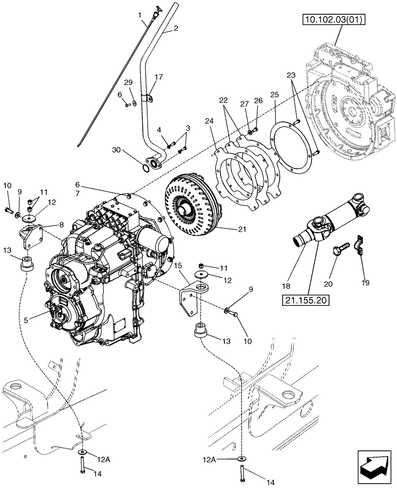 Схема запчастей Case 580SN - (21.113.01[03]) - TRANSMISSION - MOUNTING (MODELS WITH POWERSHIFT) (21) - TRANSMISSION