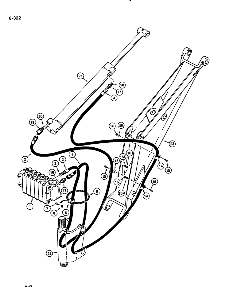 Схема запчастей Case DH4B - (8-322) - DIPPER CYLINDER HYDRAULIC CIRCUIT, REAR D100XR BACKHOE - VERTICAL CONTROL VALVE (08) - HYDRAULICS