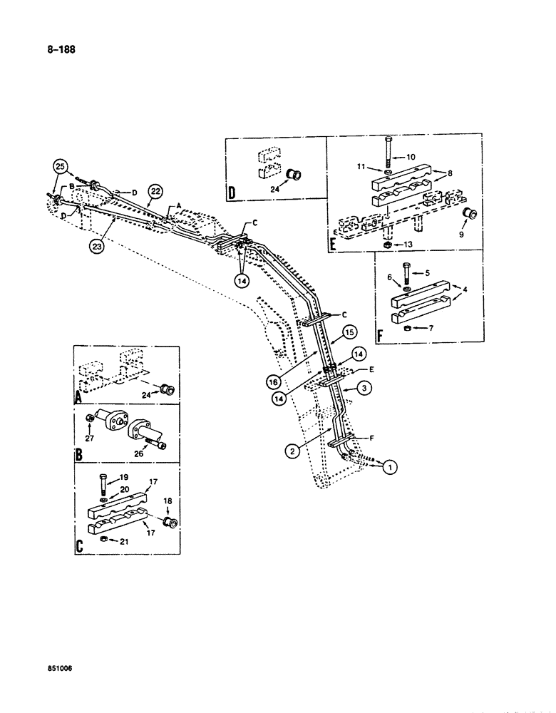 Схема запчастей Case 125B - (8-188) - HYD. CIRCUIT FOR OPTIONS, TUBES AT BOOM, P.I.N. 74251 THRU 74963, 21801 THRU 21868, 26801 & AFT. (08) - HYDRAULICS