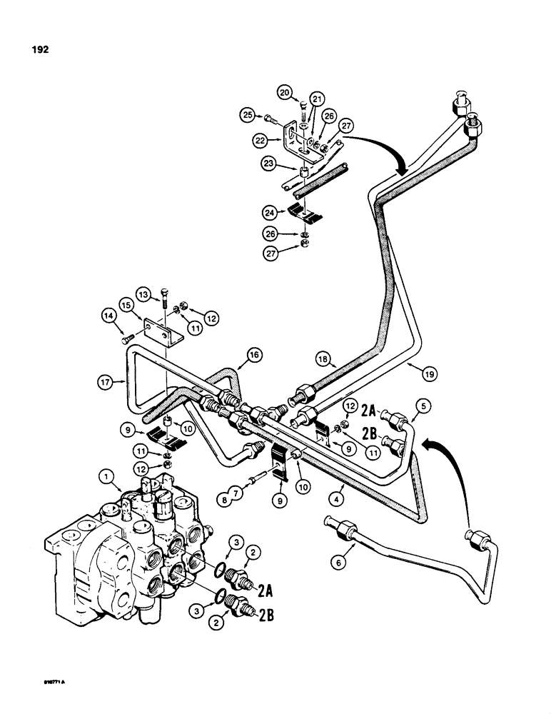 Схема запчастей Case 850C - (192) - DOZER LIFT HYDRAULIC CIRCUIT, CONTROL VALVE TO CYLINDER TUBES (07) - HYDRAULIC SYSTEM