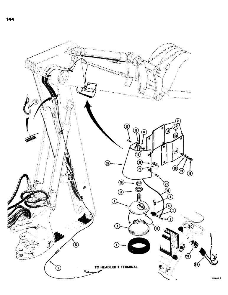 Схема запчастей Case 580C - (144) - DIPPER LIGHT, USED WITH NON-EXTENDABLE DIPPER (04) - ELECTRICAL SYSTEMS
