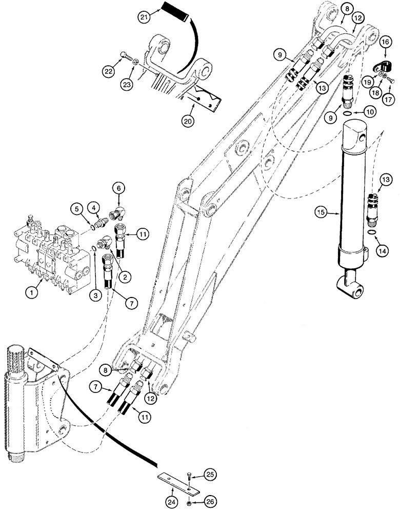 Схема запчастей Case 460 - (8-054) - BACKHOE BUCKET CYLINDER HYDRAULIC CIRCUIT, D100 BACKHOE (08) - HYDRAULICS