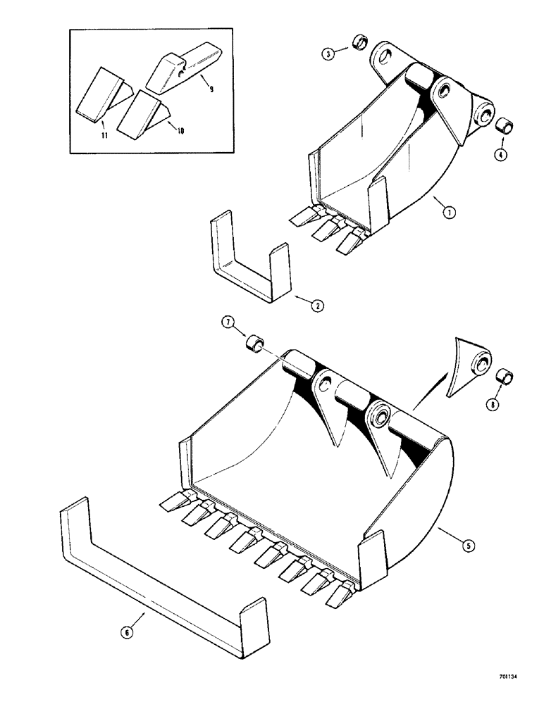 Схема запчастей Case 34 - (056) - BACKHOE BUCKETS-MACHRY ITEMS(OPTL TYPES), BELLHOLE BUCKTS, COMBO BELLHOLE & GRVYRD BUCK., BUCK TEETH 