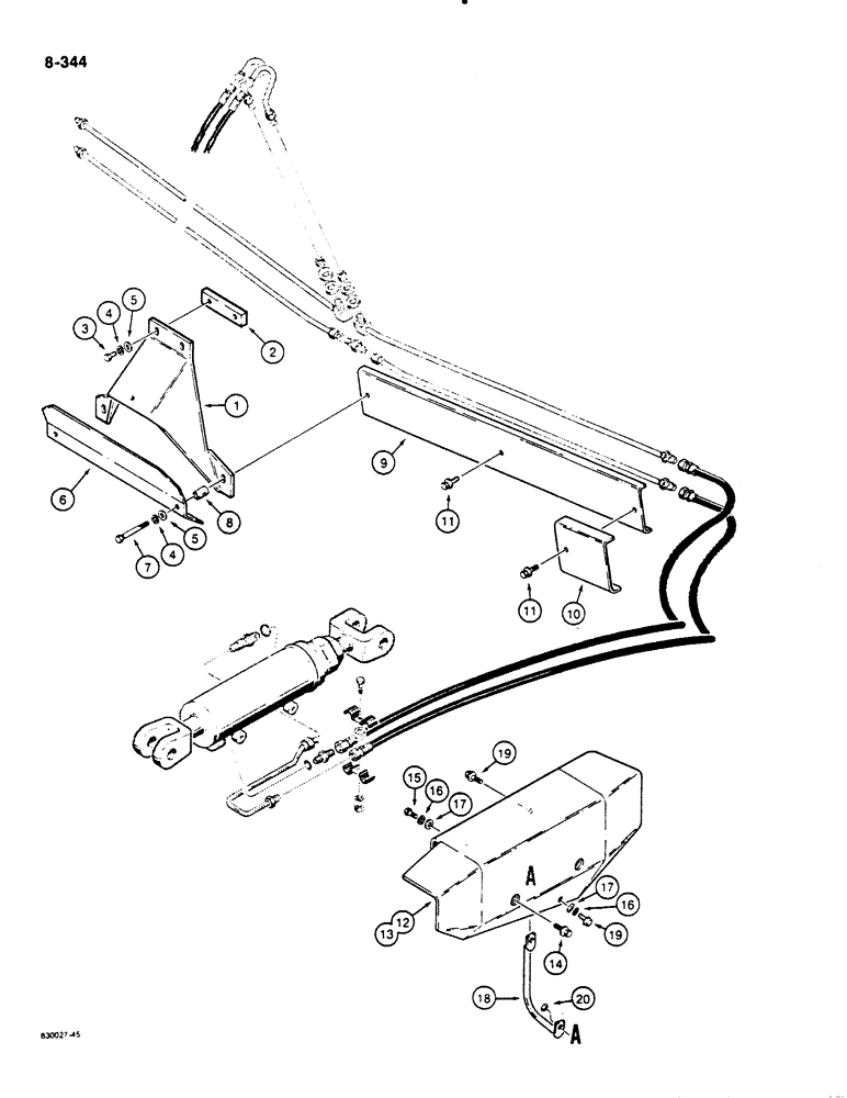 Схема запчастей Case 1450B - (8-344) - TUBE & CYL GUARDS, OPTIONAL DZER TILT HYD CIRT MECHANICAL ANGLE DZER MODELS, TUBES ON BACK OF BLADE (08) - HYDRAULICS
