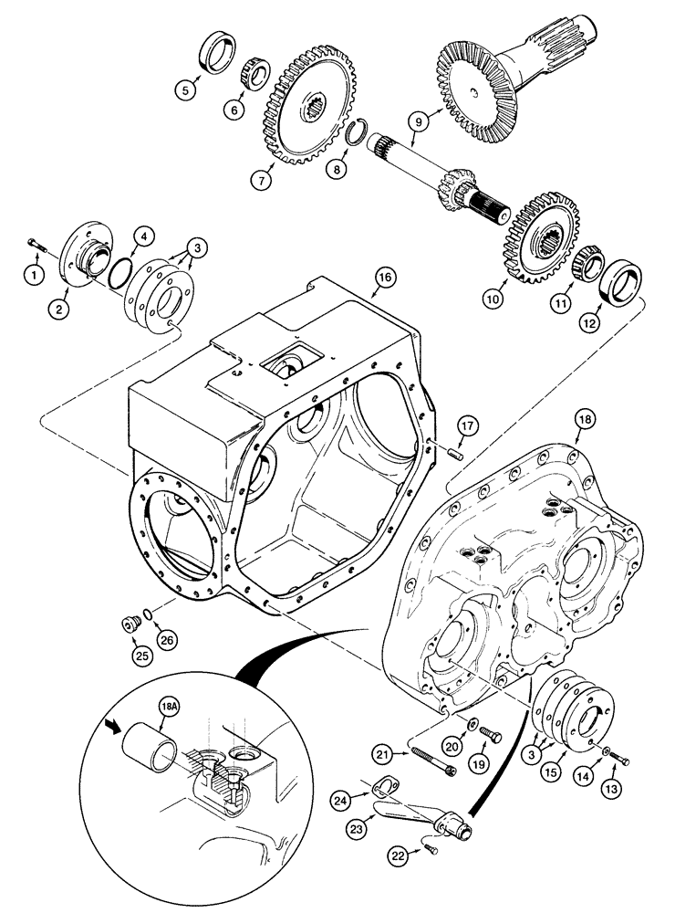 Схема запчастей Case 855E - (6-08) - TRANSMISSION HOUSING, BEVEL PINION SHAFT AND GEAR (06) - POWER TRAIN