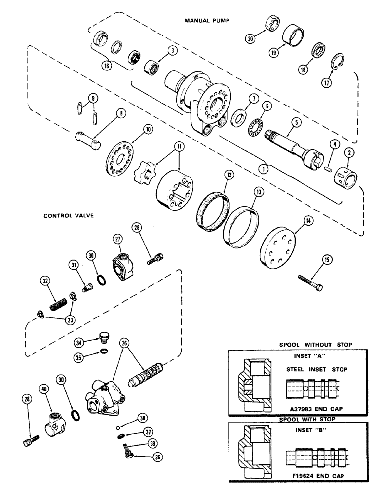 Схема запчастей Case 580 - (128) - A35579 MANUAL PUMP, HYDROSTATIC STEERING, A37980 CONTROL VAVLE (41) - STEERING