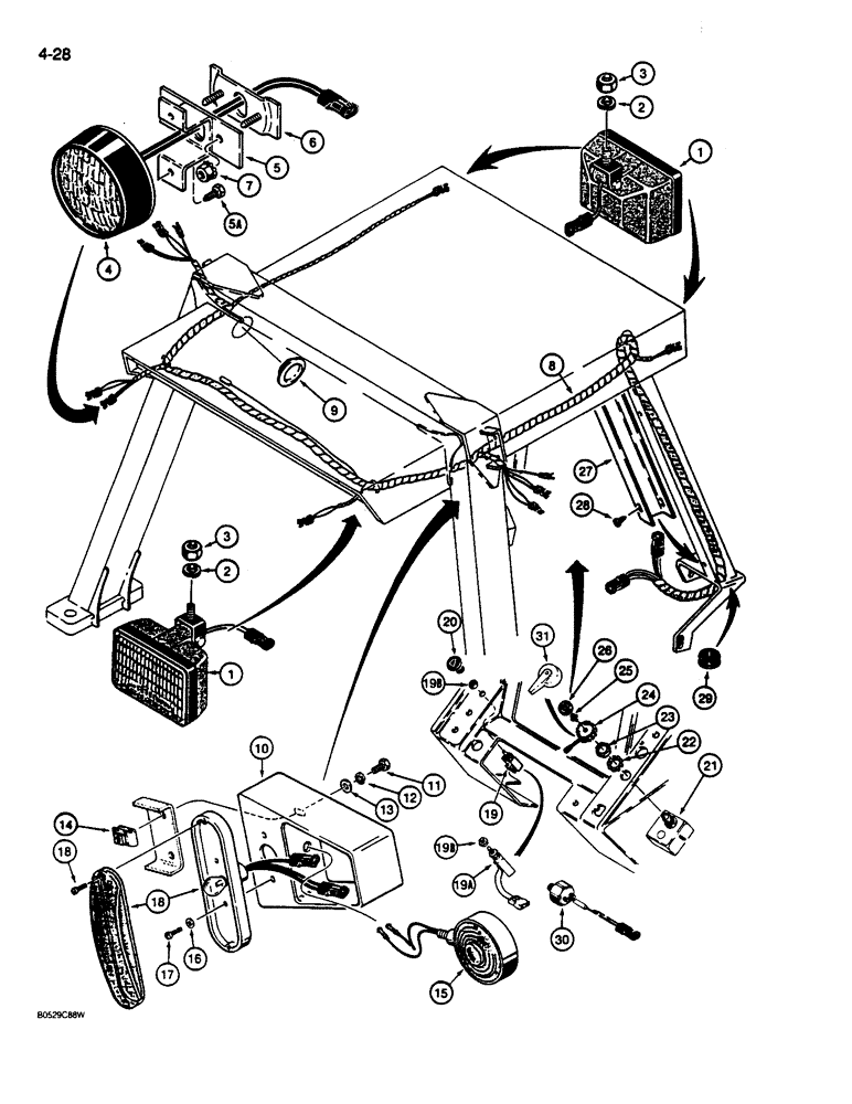 Схема запчастей Case 680L - (4-28) - TRACTOR LAMP ELECTRICAL CIRCUIT, WITH CANOPY (04) - ELECTRICAL SYSTEMS
