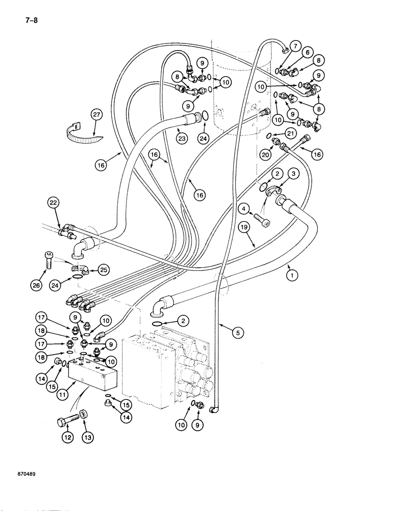 Схема запчастей Case 888 - (7-008) - PRESSURE AND RETURN LINE, P.I.N. FROM 74163 TO 74212, TO DRIVE CONTROL VALVE (07) - BRAKES