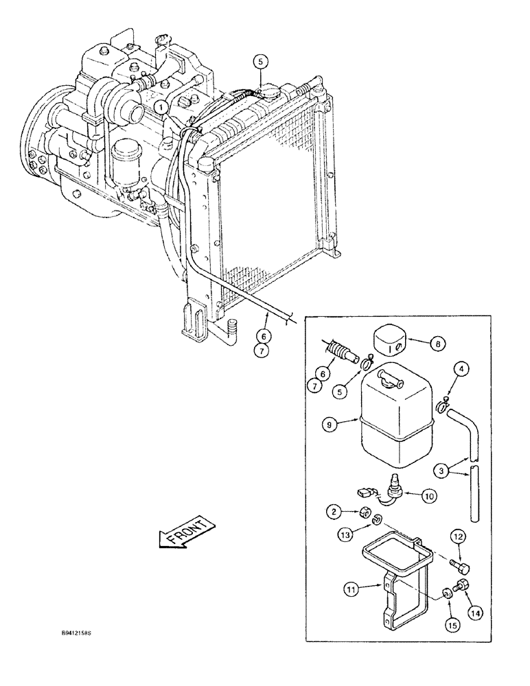 Схема запчастей Case 9020B - (2-010) - RADIATOR OVERFLOW RESERVOIR AND HOSES, PRIOR TO P.I.N. DAC02#2001 (02) - ENGINE