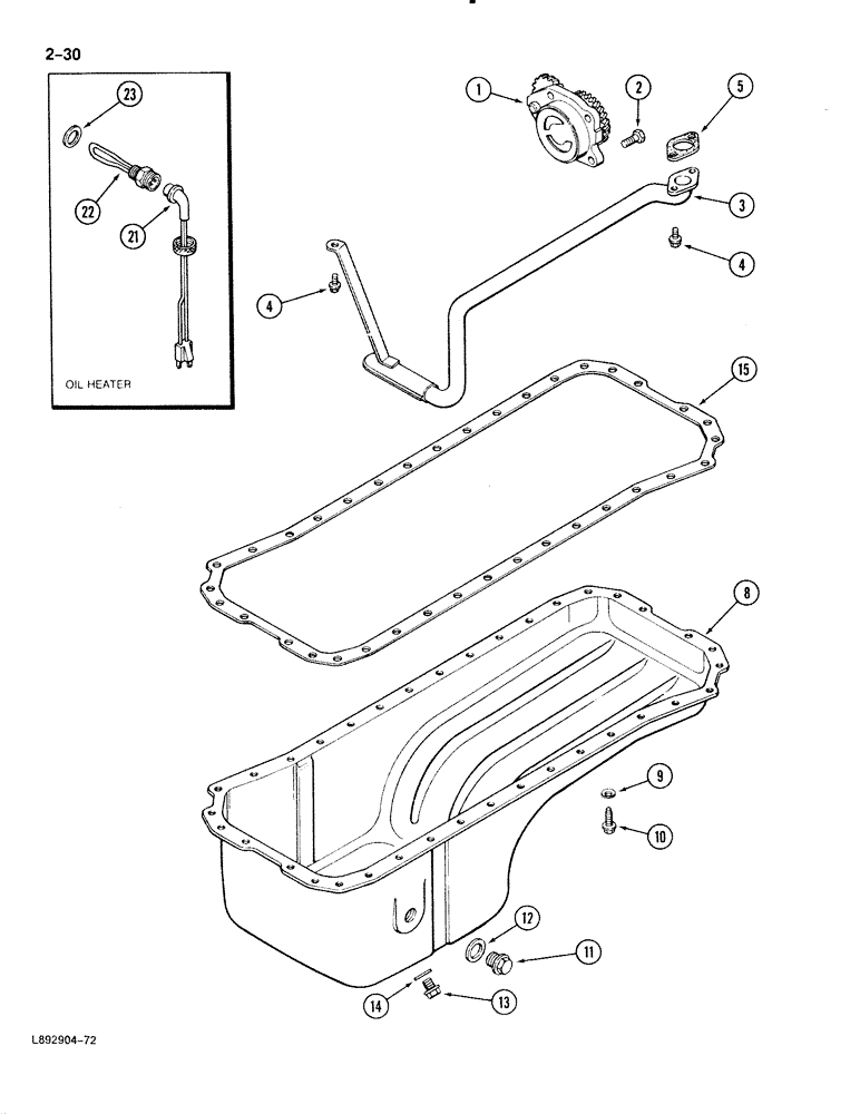 Схема запчастей Case 888 - (2-030) - OIL PUMP AND OIL PAN, JR914006, ENGINE OIL HEATER (02) - ENGINE
