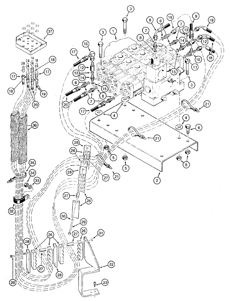 Схема запчастей Case 921B - (8-056) - REMOTE LOADER CONTROL CIRCUIT - HOSE SEPARATOR TO FOUR SPOOL VALVE (08) - HYDRAULICS