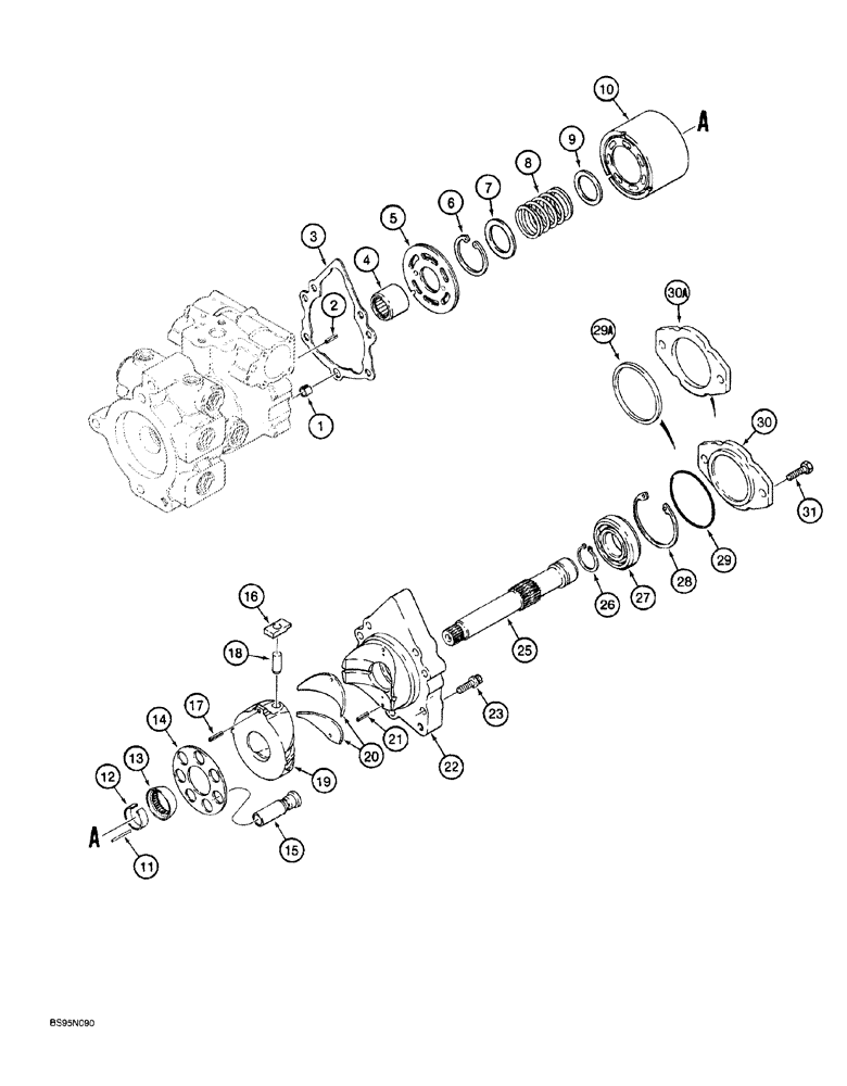 Схема запчастей Case 760 - (06-024) - TANDEM PUMP ASSEMBLY, REAR DRIVE PUMP, CYLINDER BLOCK AND SHAFT (14) - MAIN GEARBOX & DRIVE