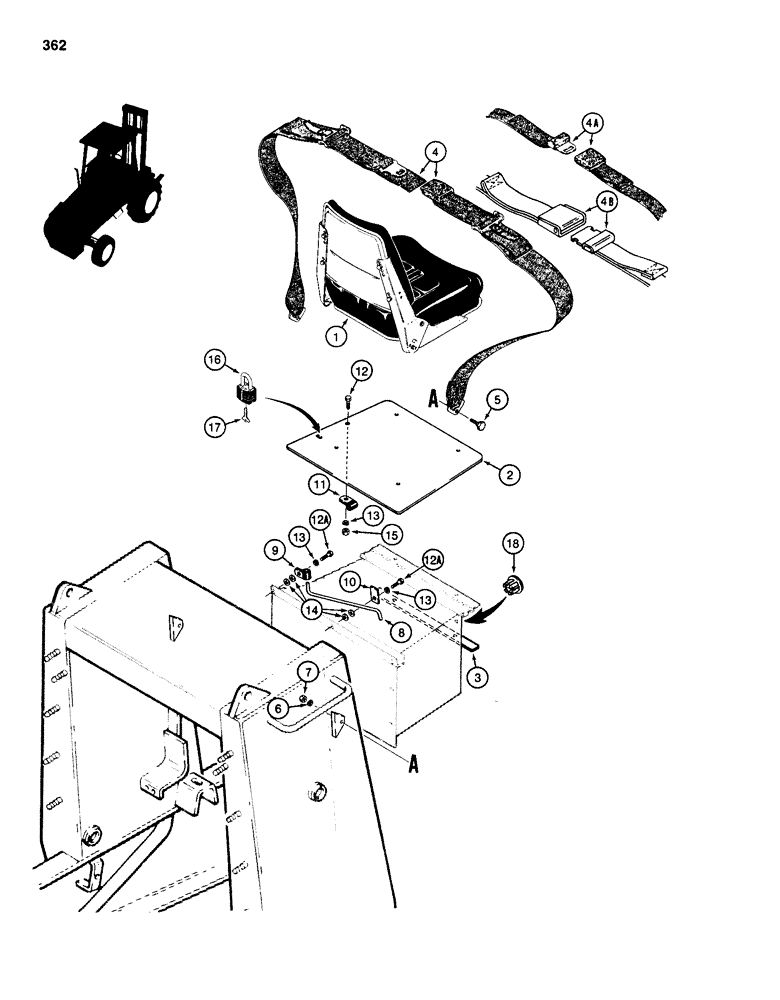 Схема запчастей Case 585D - (362) - SEAT MOUNTING PARTS AND SEAT BELTS (90) - PLATFORM, CAB, BODYWORK AND DECALS