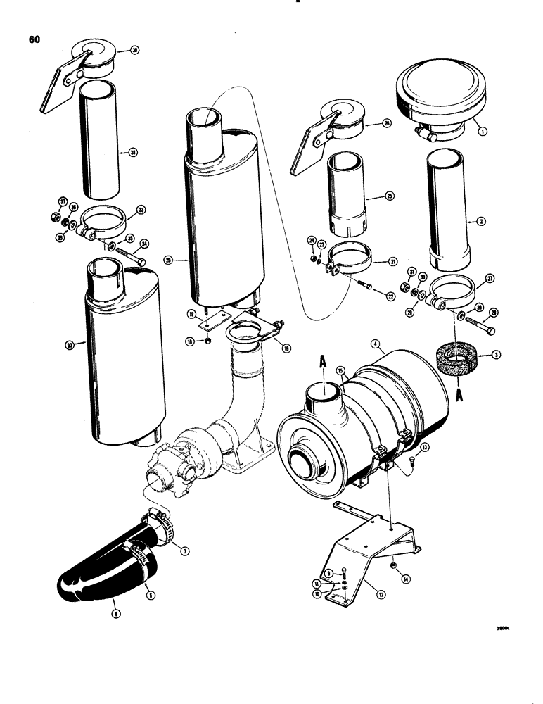 Схема запчастей Case 1150C - (060) - AIR CLEANER AND MUFFLER MOUNTING, LOADER MODELS WITH TURBOCHARGER (02) - ENGINE