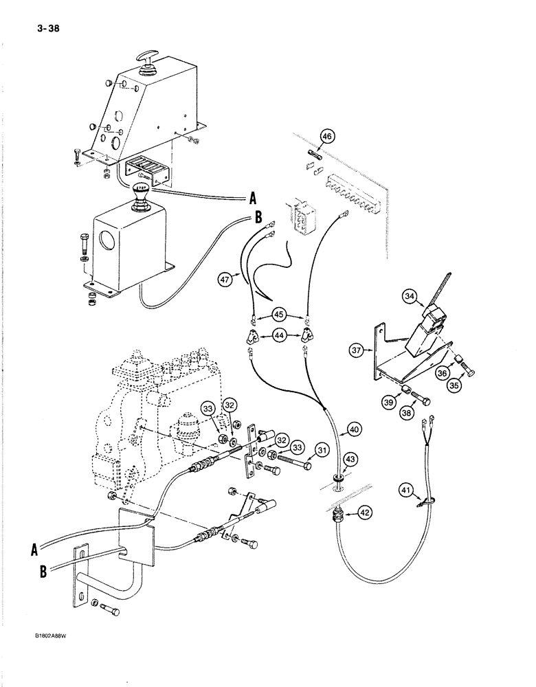Схема запчастей Case 170B - (3-38) - THROTTLE AND FUEL SHUTOFF CONTROLS, P.I.N. 74400 THROUGH 74456 (03) - FUEL SYSTEM