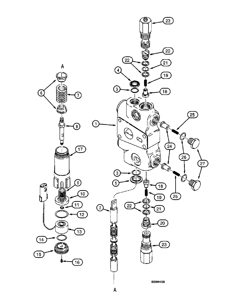 Схема запчастей Case 580L - (8-076) - LOADER CONTROL VALVE, BUCKET SECTION - WITH MAGNETIC DETENT, AND CIRCUIT RELIEF VALVE (08) - HYDRAULICS