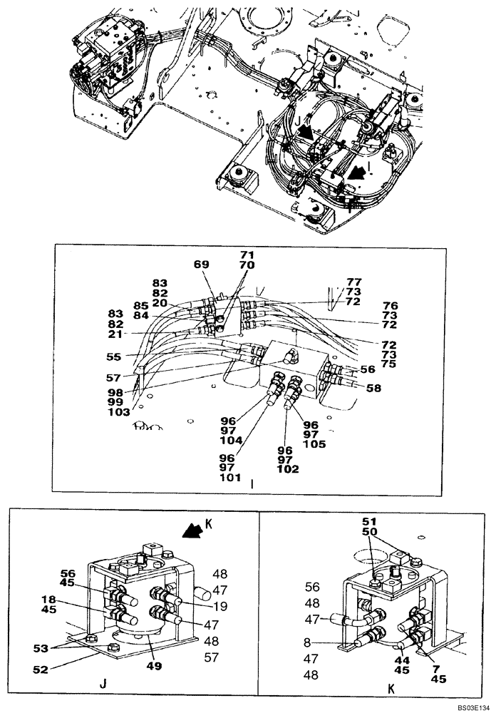 Схема запчастей Case CX135SR - (08-046) - PILOT CONTROL LINES - MODELS WITH CONTROL SELECTOR VALVE (08) - HYDRAULICS