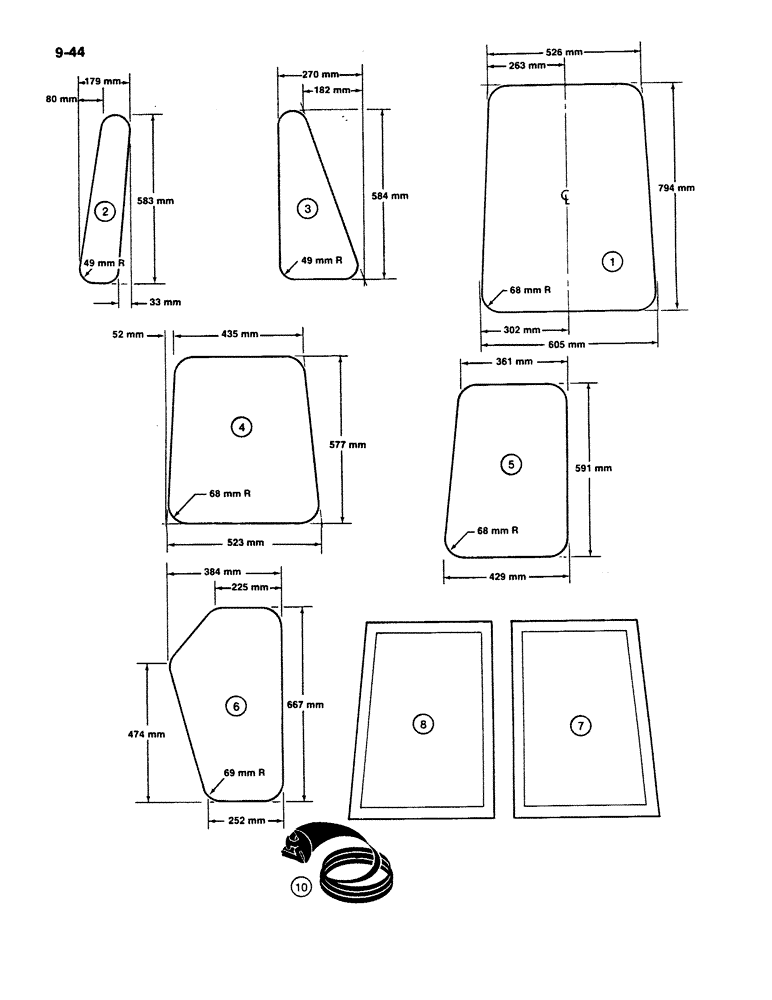 Схема запчастей Case W11B - (9-044) - CAB GLASS, METRIC DIMENSIONS, ORRVILLE CAB WITH ROTARY TYPE HANDLE (09) - CHASSIS/ATTACHMENTS
