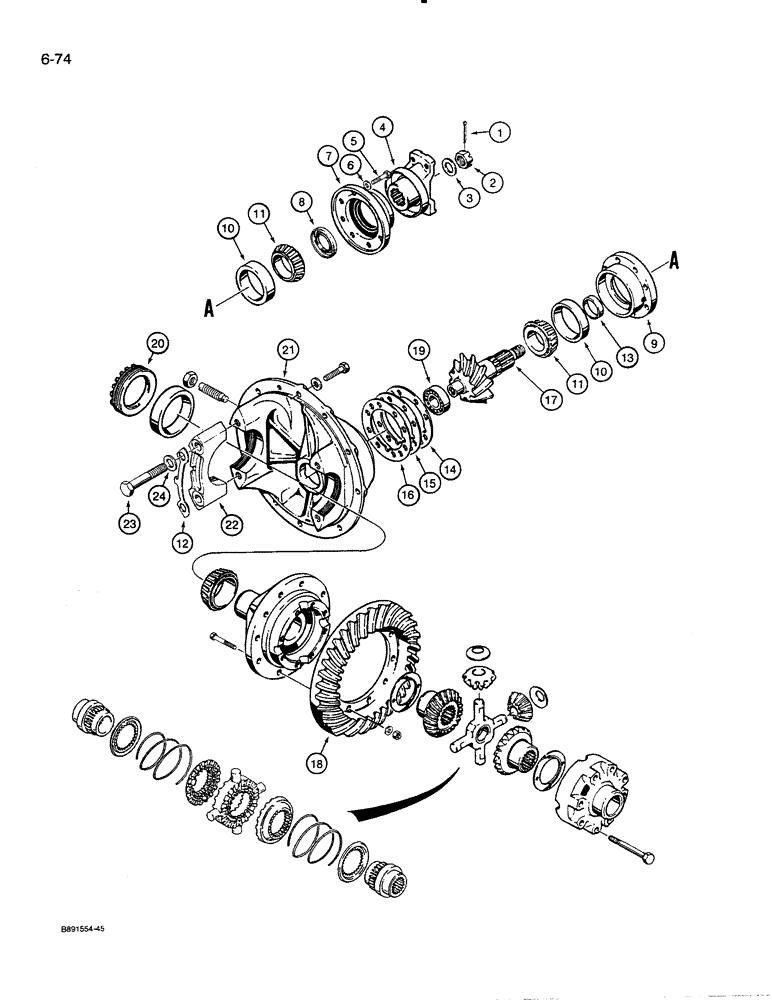 Схема запчастей Case 821 - (6-074) - FRONT AND REAR AXLE DIFFERENTIAL (06) - POWER TRAIN