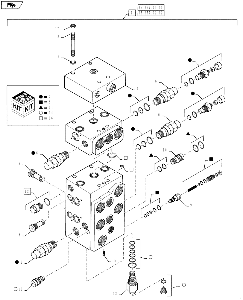 Схема запчастей Case 621F - (35.357.02[01]) - VALVE ASSEMBLY, LOADER CONTROL, 2, 3, 4 SPOOL, XT/TC (35) - HYDRAULIC SYSTEMS