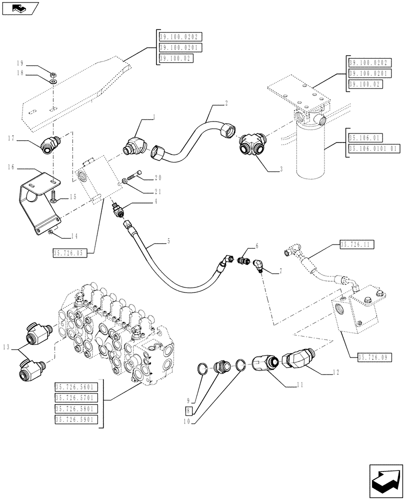 Схема запчастей Case 590SN - (35.726.12) - VAR - 423084 - VALVE INSTALL - BACKHOE CONTROL, DUAL AUXILIARY (PILOT CONTROLS) VARIABLE VALVE PUMP (35) - HYDRAULIC SYSTEMS