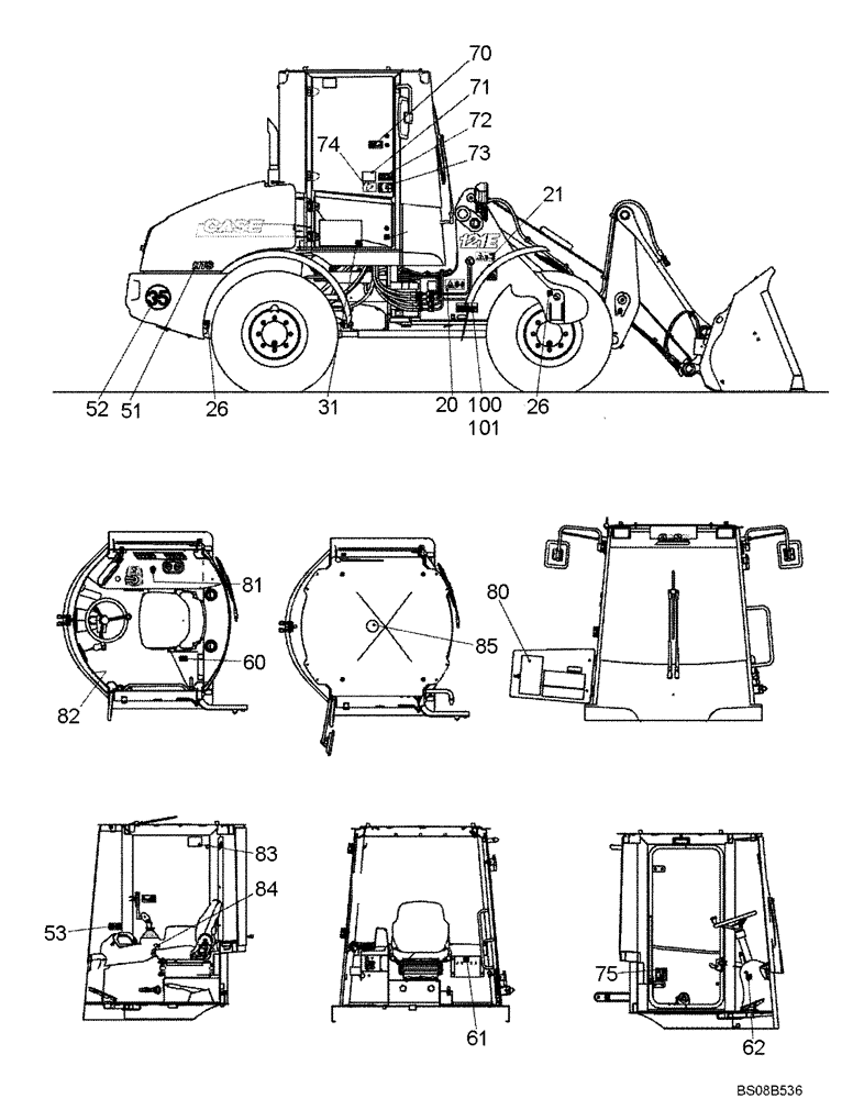 Схема запчастей Case 121E - (91.017[6559864000]) - DECALS CASE (EUROPE) HTS LOCATION 2 OF 2 (90) - PLATFORM, CAB, BODYWORK AND DECALS