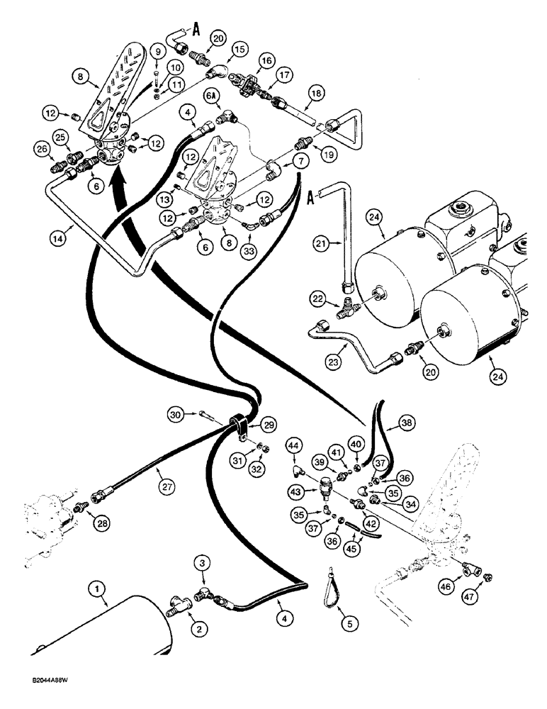 Схема запчастей Case W36 - (7-344) - BRAKE SYSTEM, RESERVOIR TO TREADLE AND BRAKE ACTUATOR (07) - BRAKES