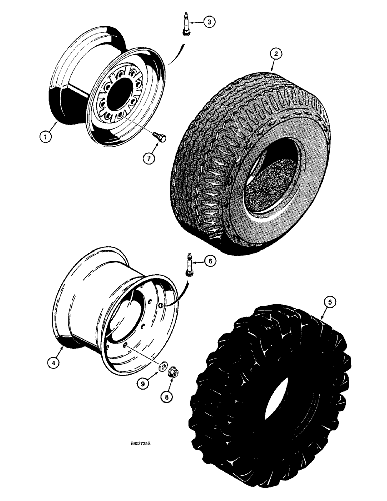 Схема запчастей Case 590SL - (5-18) - FRONT WHEELS AND TIRES, FOR 14 X 17.5 - 16 PLY TIRES, TWO WHEEL DRIVE MODELS (05) - STEERING