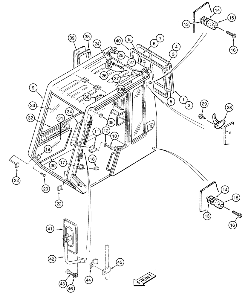 Схема запчастей Case 9050 - (9-44) - CAB REAR AND RIGHT-HAND SIDE GLASS, AND REAR VIEW MIRROR (09) - CHASSIS