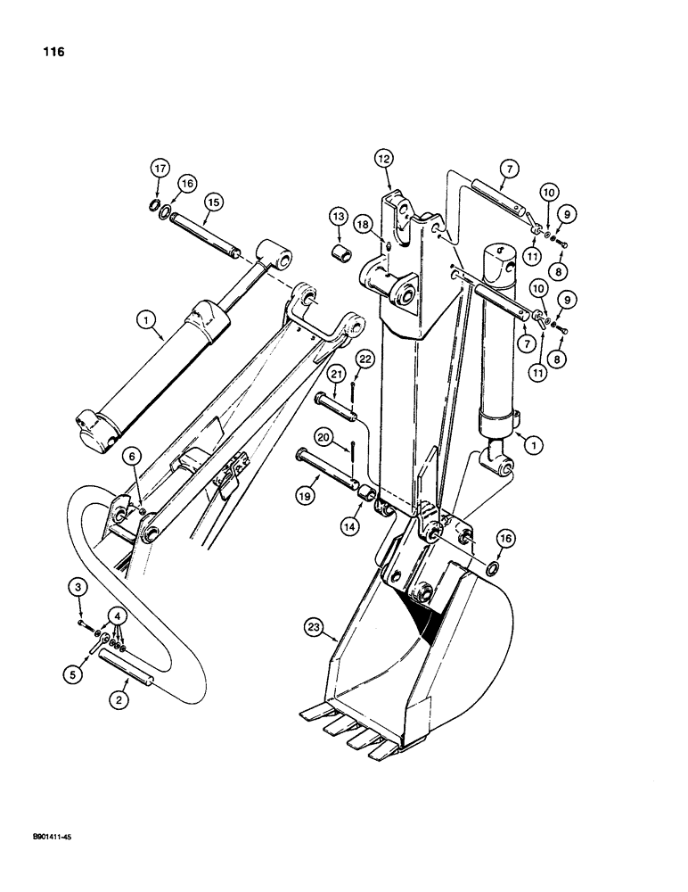 Схема запчастей Case D100 - (7-116) - BACKHOE DIPPER AND BUCKET, USED ON 1835C, 1840, AND 1845C UNI-LOADERS 