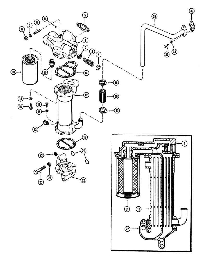 Схема запчастей Case W20 - (015A) - OIL FILTER & HEAT EXCHANGER (401 BD) DIESEL ENG. USED PRIOR TO ENG. SN. 2523871 W/ SINGLE FILTER (02) - ENGINE