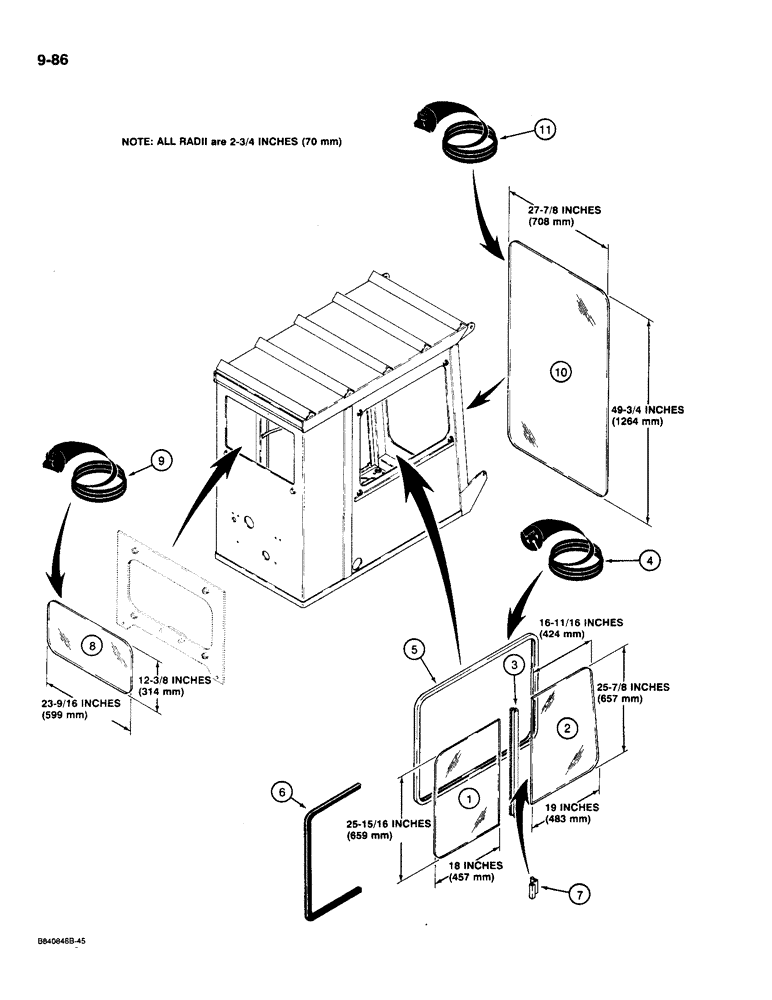 Схема запчастей Case 1085C - (9-086) - MATERIAL HANDLING CAB, GLASS (09) - CHASSIS/ATTACHMENTS