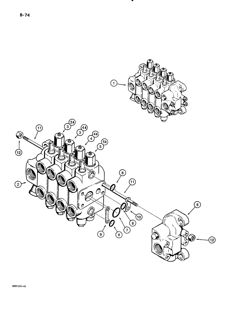 Схема запчастей Case 480E LL - (8-074) - BACKHOE CONTROL VALVES, MODELS WITHOUT EXTENDABLE DIPPER 480E MODELS ONLY (08) - HYDRAULICS