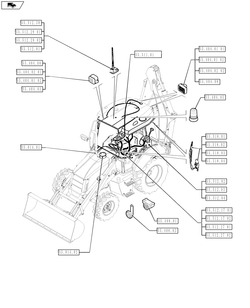 Схема запчастей Case 580SN - (55.000.00[03]) - PICTORIAL INDEX - ELECTRICAL SYSTEM (55) - ELECTRICAL SYSTEMS